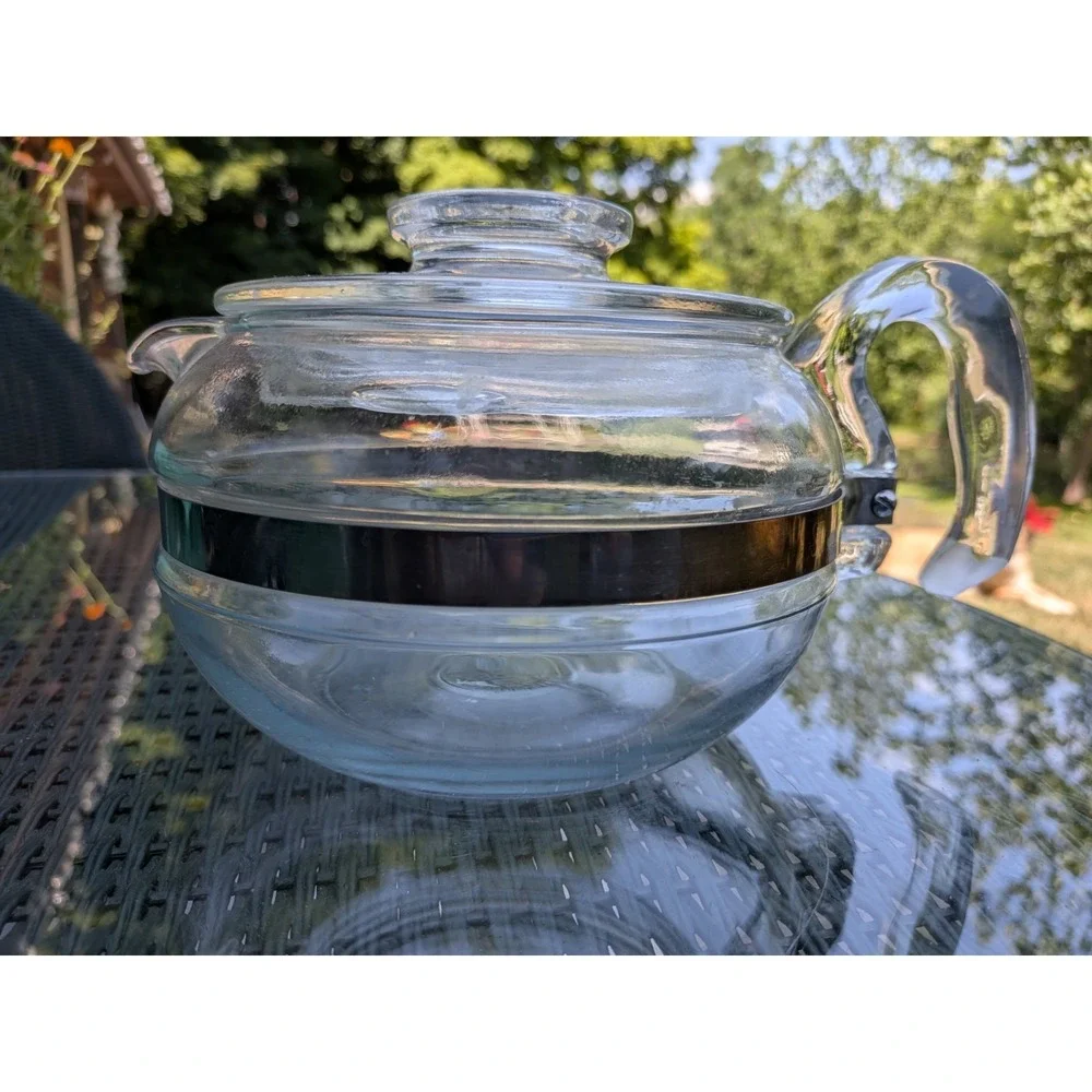 Vtg PYREX Flame Ware 8446-B Glass Stove Top Coffee/Tea Pot Kettle With Lid Band